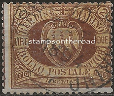 SM21U - San Marino 1892/94, Sassone Nr. 21, 2 Lire Bruno Su Arancio, Usato Per Posta - Usados