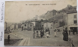 Cpa, écrite En 1905, Saint Chamond 42 Place De La Fraternité (animée, Enseignes Commerciales Café Pacaud), éd Martel - Saint Chamond