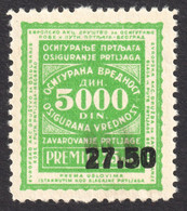 Train Railway INSURANCE Baggage Travel Transport Label Vignette Tax Revenue 5000 Din OVERPRINT 27.50 Yugoslavia 1930's - Dienstzegels
