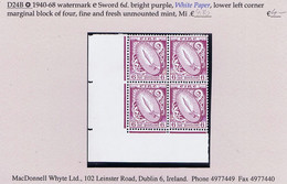 Ireland 1940-68 Watermark E Sword 6d Bright Purple On White Paper Corner Block Of 4 Fine And Fresh Mint Unmounted Never - Nuevos