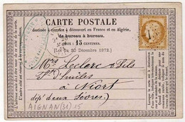 !!! CARTE PRECURSEUR CERES GC 15 ET CACHET D'AIGNAN ( GERS ) 1875 - Precursor Cards