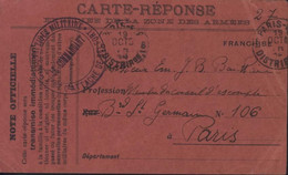 Guerre Carte Réponse Expédiée Zone Des Armées Franchise Cachet Aéronautique Militaire Port D'attache Belfort Aérostiers - Sonstige & Ohne Zuordnung