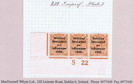 Ireland 1922 Thom Rialtas Ovpt In Blue-black On 2d Die 2, Control S22 Imperf Corner Strip Of 3 Plate 4 - Neufs