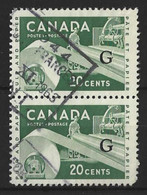 CANADA....QUEEN ELIZABETH..(1952-22..)......20c X VERTICAL PAIR.....SG0207a....OVERPRINT  TYPE 6...WRINKLED BACK. .USED. - Opdrukken