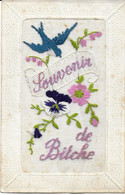 Bitche -  Souvenir De Bitche Carte Fantaisie Brodée, Hirondelle Et Pensées - Datée 21 Juillet 1921 - Bitche