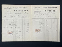 Lot De 2 Factures Anciennes Maçonnerie Plâtrerie Ciment J. BOURGE Rue De La Vallée à Dinard Ille Et Vilaine 1930 - 1900 – 1949