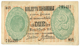 2 LIRE FALSO D'EPOCA BIGLIETTO CONSORZIALE REGNO D'ITALIA 30/04/1874 BB/SPL - [ 8] Specimen