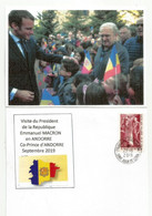 Visite Du President Macron,Co-Prince D'Andorre, Septembre 2019.au Dos Charles De Gaulle,Visite 1967. Avec Cachet Andorre - Lettres & Documents
