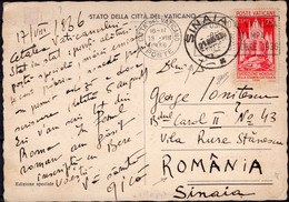 1936 18 AGO C.75 STAMPA CATTOLICA SASS 51 IN USO SINGOLO SU CARTOLINA PER SINAIA IN ROMANIA RARO USO SINGOLO E RARA DEST - Briefe U. Dokumente