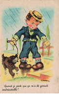 ILLUSTRATEUR - S01944 - Gougeon - Garçon Tenant Un Chien En Laisse Sous La Pluie - Chapeau - L1 - Gougeon