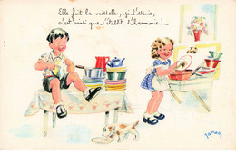 ILLUSTRATEUR - S01972 - Janser - Enfants Faisant La Vaisselle - Chien - Vase - Bouquet De Fleurs - L1 - Janser