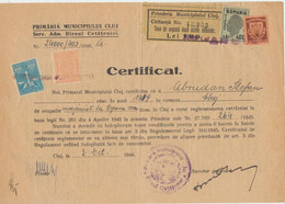 Romania 1946 Certificate Printed On Hungary WW2 Occupation Paper By Cluj Mayoralty - 2 Municipal Revenue Stamps - Revenue Stamps