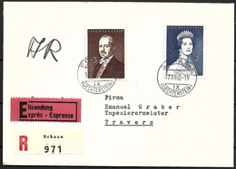 Liechtenstein 1960:  Fürstenpaar Zu 340-341 Mi 402-403 Yv 349 A+B Auf R-Exprès  O SCHAAN 12.XII.60 Nach TRAVERS (NE) - Covers & Documents