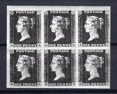 GRANDE BRETAGNE 1840: Bloc De 6 Du Y&T 1 Neufs**, Lettres AA-AC,BA-BC, TB Mais FAC SIMILE - Unused Stamps
