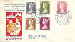 MONACO -  TIMBRES N° 478 479 480 481 482   -  COMMEMORATION DE LA NAISSANCE PRINCESSE CAROLINE - 1er JOUR - 1957 - Covers & Documents