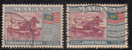 2 Diff., Colour Diff/ Dry Print Variety, Malaysia Used 1957, 25c Tin Dredger, Mineral - Federation Of Malaya