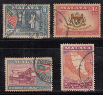 Set Of 4 Malaya Federation, Malaysia Used 1957, Rubber Tree, Job, Tin Dredger, Mineral, Coat Of Arms,  Tiger, Map, Flag - Fédération De Malaya