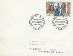 ANDORRE -  TIMBRES N° 170   -  PAREAGE DE 1828 CONFIRMANT LA  CONCIERGERIE     -  1ER JOUR   -  SEUL SUR LETTRE  - 1964 - Briefe U. Dokumente