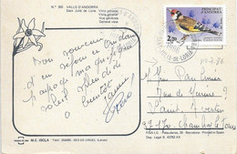 ANDORRE  - TIMBRE N° 343 -   CHARDONNERET - SANT JULIA DE LORIA   -   TARIF DU 01 08 85   -  SEUL SUR LETTRE  - 1986 - Briefe U. Dokumente