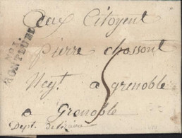 Ain Marque Postale N°1 MONTUEL 33x8 Taxe Manuscrite 5 Lettre Du 5 Brumaire An VIII Pour Grenoble - 1701-1800: Precursori XVIII