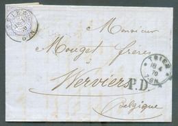 N°16 - 2Gr. Bleu Obl. Dd TRIER 18-4 70 sur Lettre Vers Verviers - Verso : Sc ALLEMAGNE PAR NAMUR rare. Vdl 85. - B/TB - - Doorgangstempels