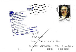 SAN MARINO - 2002 Lettera Dall'Italia Con Francobollo Singolo + Timbro Viola Di S.Marino Destinatario Trasferito - 2069 - Cartas & Documentos