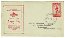 Ref 1581 - New Zealand 1936 FDC First Day Cover - 1d Anzac Day - Christchurch Postmark - Lettres & Documents