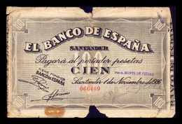 España Spain Guerra Civil 100 Pesetas Santander 1936 Pick S585f BC/MBC F/VF - 100 Pesetas