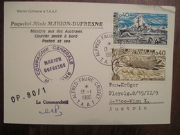 FRANCE T.A.A.F 1980 Marion DUFRESNE  Alfred Faure Crozet Enveloppe Lettre Cover Signé Commandant TAAF - Covers & Documents