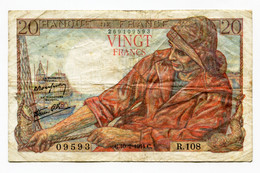 France, 20 Francs, PECHEUR, 10=2=1944, N° : R.108-09593, B (VG), F.13.08 - 20 F 1942-1950 ''Pêcheur''