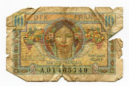France, 10 FRANCS, TRESOR FRANCAIS, TYPE DE 1947, N° : A.01465749, M (Poor), VF.30.01 - 1947 Tesoro Francés