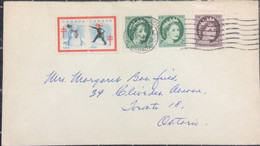CANADA 1958, COVER USED, VIGNETTE LABEL, CHRISTMAS T.B, SNOWMAN, QUEEN STAMP, OAKVILLE & TORONTO WAVY CITY CANCEL - Covers & Documents