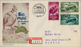 1964 RIO MUNI , SOBRE DE PRIMER DIA CIRCULADO , LLEGADA AL DORSO , ED.  57 / 59 - DIA DEL SELLO , AVES , ANFIBIOS , RANA - Rio Muni