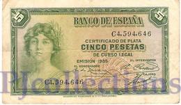 SPAIN 5 PESETAS 1935 PICK 85a VF - 5 Pesetas