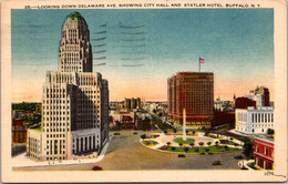 New York Buffalo Looking Down Delaware Avenue Showing City Hall And Statler Hotel 1953 - Buffalo