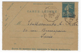 CETTE à CARCASSONNE Carte Lettre Entier 25c Semeuse Bleu Yv 140-CL2  Mll 350 Type 4 Ob Convoyeur 1924 - Letter Cards