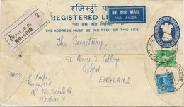 INDIA 1968 55 NP + 15 NP Coat Of Arms Very Fine Registered Postal Stationery Envelope W. Additional Franking By Airmail - Lettres & Documents