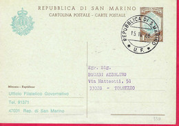 SAN MARINO - CARTOLINA POSTALE LIRE 40 CON REPIQUAGE (INT. 33B) SENZA NUMERAZIONE*15.10.67* PER TOLMEZZO - Covers & Documents