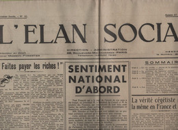L'ELAN SOCIAL 17 12 1938 - FAIRE PAYER LES RICHES - APPRENTISSAGE - APPEL DISSOLUTION PARTI COMMUNISTE - VW COCCINELLE - Informations Générales