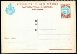 Z3522 SAN MARINO 1966 Cartolina Postale DEFINITIVA Lire 40 + 40 Celeste E Bruno, PARTE RISPOSTA (Filagrano C38), NUOVA, - Entiers Postaux