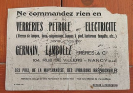 Buvard GERMAIN LAMBOLEZ FRERES Verreries Pétrole électricité NANCY Verres De Lampes Lanternes Suspensions Tempête - Electricity & Gas