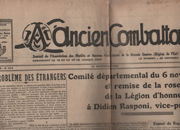 L'ANCIEN COMBATTANT 15 11 1938  PROBLEME DES ETRANGERS - LEGION D'HONNEUR DIDION RASPONI - JARNY - CHAMBLEY - SARREBOURG - Informations Générales