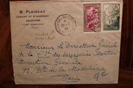 1940 Domaine De M'Shangany Anjouan Comores Madagascar France Tad Paquebot La Réunion à Marseille Cover - Covers & Documents