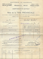 Avertissement-extrait Du Rôle De La Taxe Provinciale De 1915 + Rappel. Montigny-sur-Sambre - Charleroi - 1900 – 1949