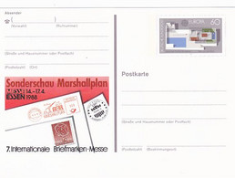 ESSEN PHILATELIC EXHIBITION, MARSHALL PLAN, EUROPA CEPT, PC STATIONERY, ENTIER POSTAL, 1988, GERMANY - Postcards - Mint