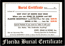 Florida Humour Florida Burial Certificate - West Palm Beach