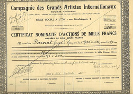 COMPAGNIE DES GRANDS ARTISTES INTERNATIONAUX -CERTIFICAT NOMINATIF D'ACTIONS DE 1000 FRS (DIVISE EN 1000 ACTIONS ) 1935 - Cinéma & Theatre