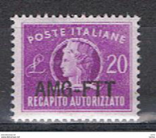 TRIESTE  A:  1952  RECAPITO  AUTORIZZATO  -  £. 20  LILLA  N. -  SASS. 5/I - Revenue Stamps