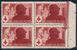 ** 1944 Vöröskereszt (III.) 30(+30)f ívszéli Négyestömb Vastag Piros Festékcsíkokkal - Other & Unclassified