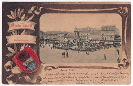 T2/T3 1902 Arad, Szabadság Tér, Piac, üzletek. Szecessziós Címeres Litho Keret / Square, Market, Shops. Art Nouveau, Lit - Ohne Zuordnung